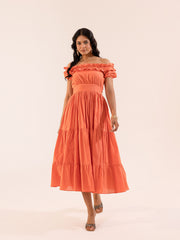 Coral Orange Off-Shoulder Ruffle Tiered Midi Dress