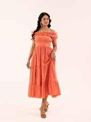Coral Orange Off-Shoulder Ruffle Tiered Midi Dress
