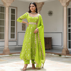 Green Chanderi Jacquard Anarkali Suit Set