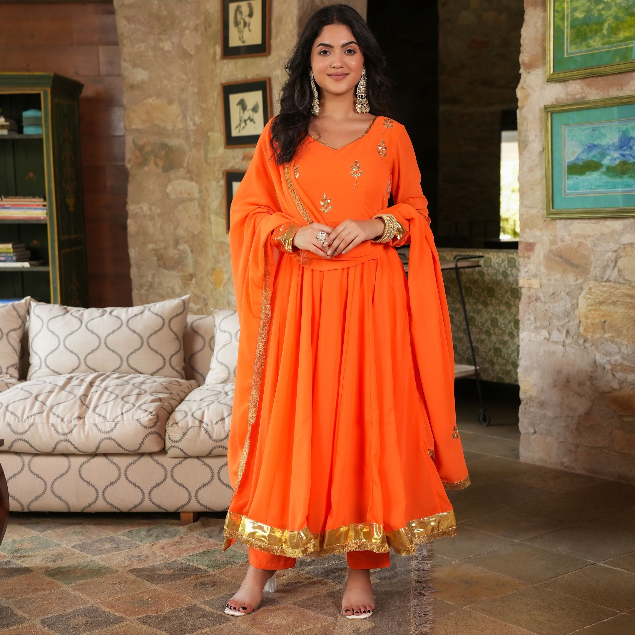 Asheera Georgette Orange Gota Hand Work Anarkali Suit Set