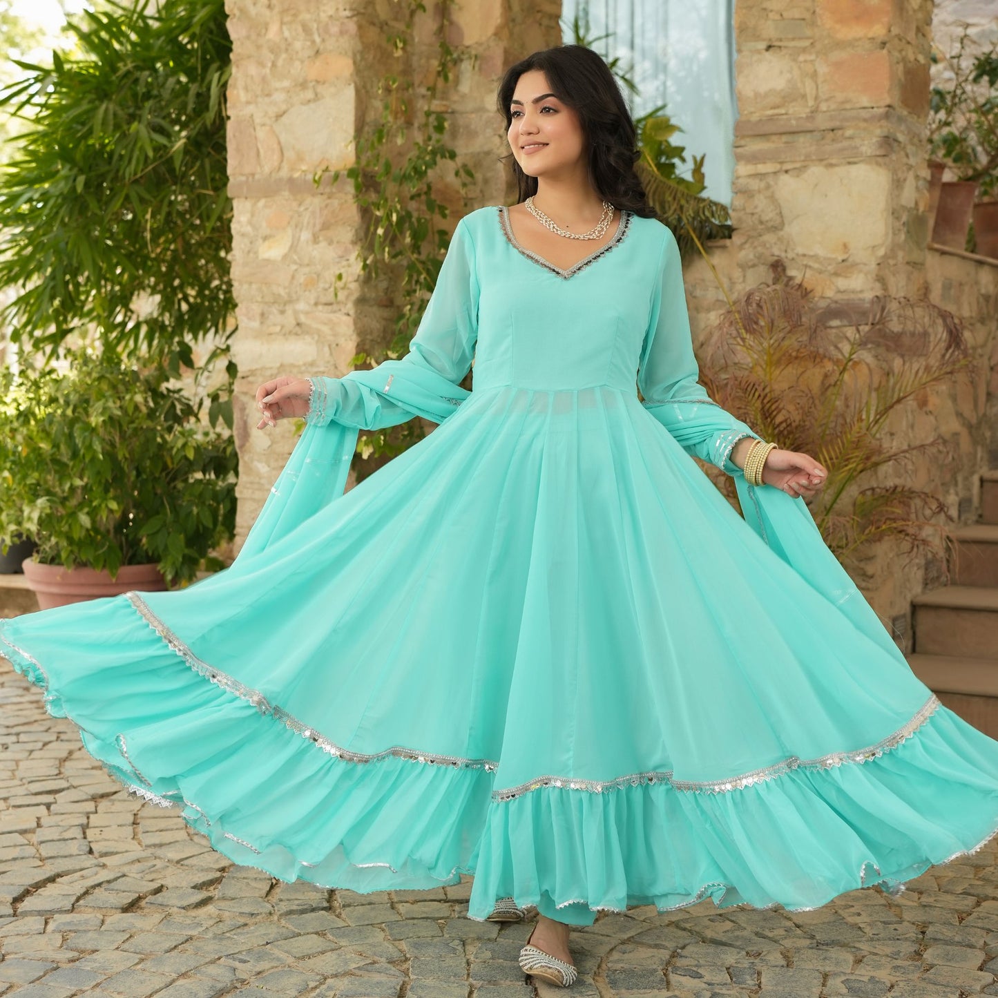 Sawan Light Blue Lace Work Anarkali Suit Set