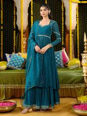 Teal Hand Embroidered Anarkali Suit Set