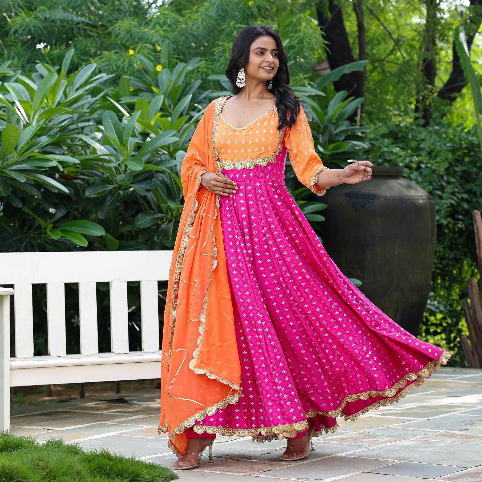 Pink Chanderi Jacquard Anarkali Suit Set