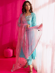 Falak Sky Blue Mirror Work Anarkali Suit Set