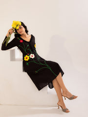 Black Floral Embroidered Cotton Midi Dress