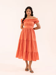 Coral Orange Off-Shoulder Ruffle Tiered Midi Dress