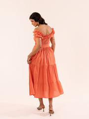 Coral Orange Off-Shoulder Ruffle Tiered Midi Dress