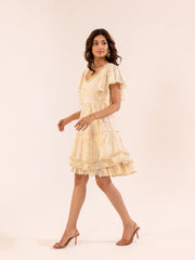 Cream Schiffli Eyelet Flutter Sleeve Tiered Mini Dress