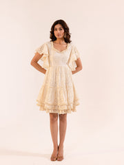 Cream Schiffli Eyelet Flutter Sleeve Tiered Mini Dress