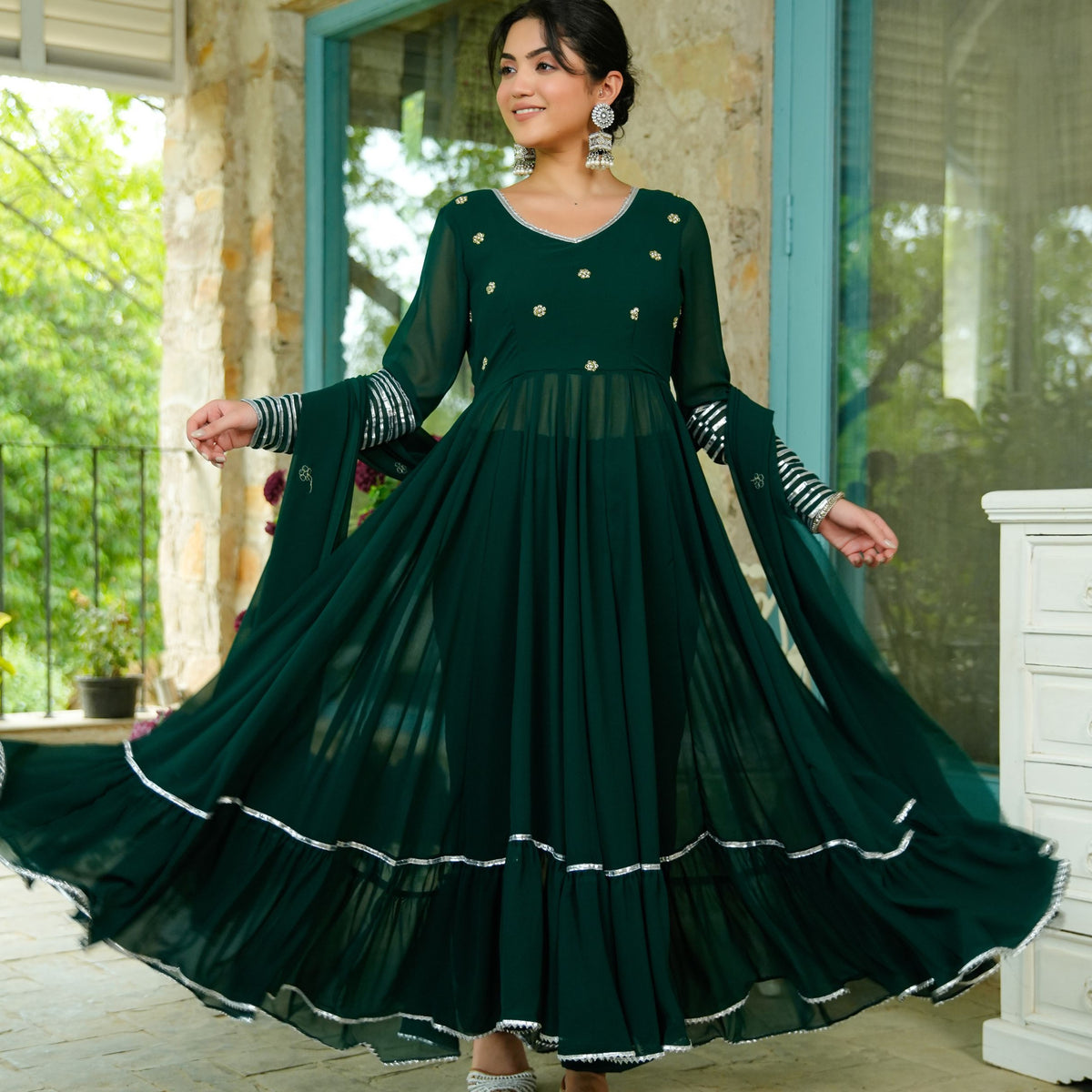 Teej Green Aari Work Anarkali Suit Set