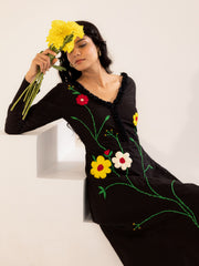 Black Floral Embroidered Cotton Midi Dress