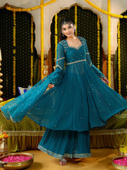 Teal Hand Embroidered Anarkali Suit Set