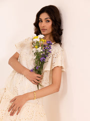 Cream Schiffli Eyelet Flutter Sleeve Tiered Mini Dress