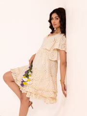 Cream Schiffli Eyelet Flutter Sleeve Tiered Mini Dress