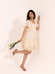 Cream Schiffli Eyelet Flutter Sleeve Tiered Mini Dress