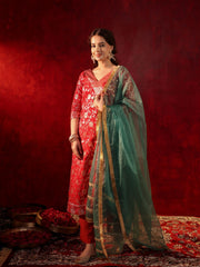 Moonlit Red Jacquard Silk Suit Set