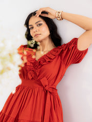 Brick Red Ruffle Tiered Mini Dress