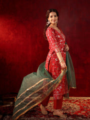 Moonlit Red Jacquard Silk Suit Set