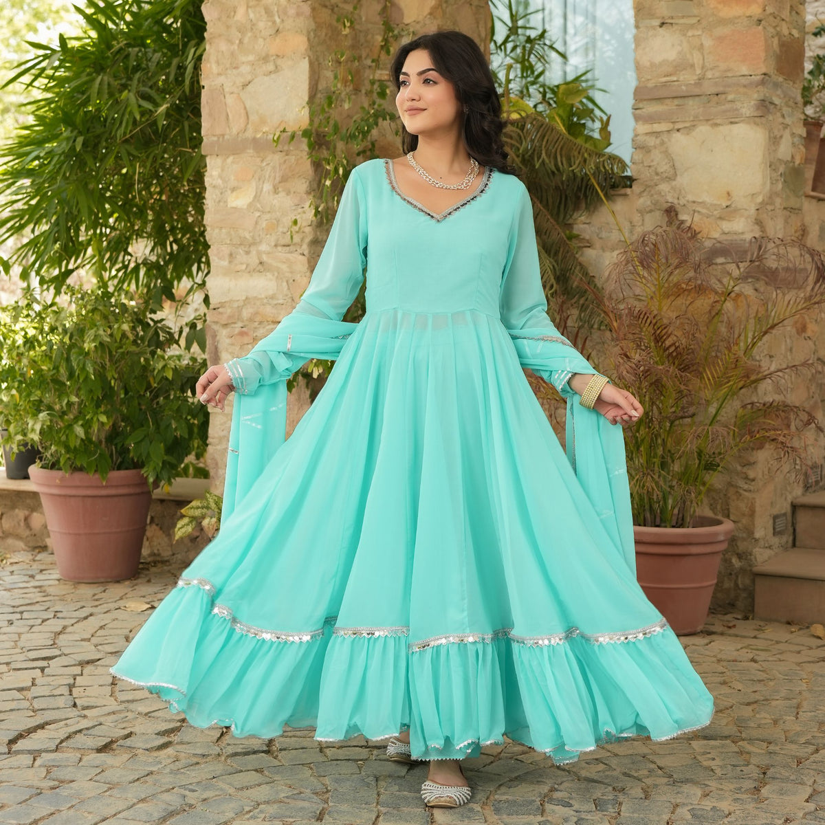 Sawan Light Blue Lace Work Anarkali Suit Set XS Sawan Light Blue Lace Work Anarkali Suit Set XS