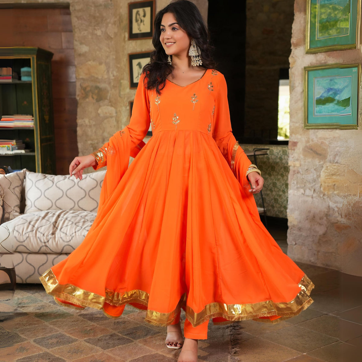 Asheera Georgette Orange Gota Hand Work Anarkali Suit Set