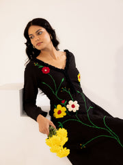 Black Floral Embroidered Cotton Midi Dress