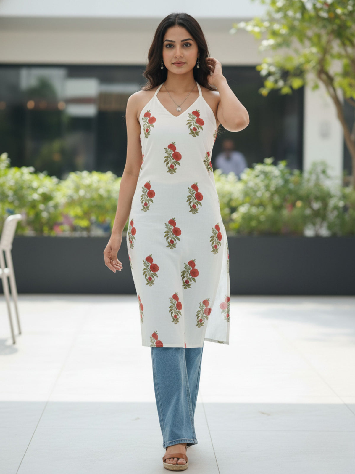 Hand Block Mugal Print White Cotton Kurti