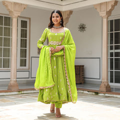 Green Chanderi Jacquard Anarkali Suit Set