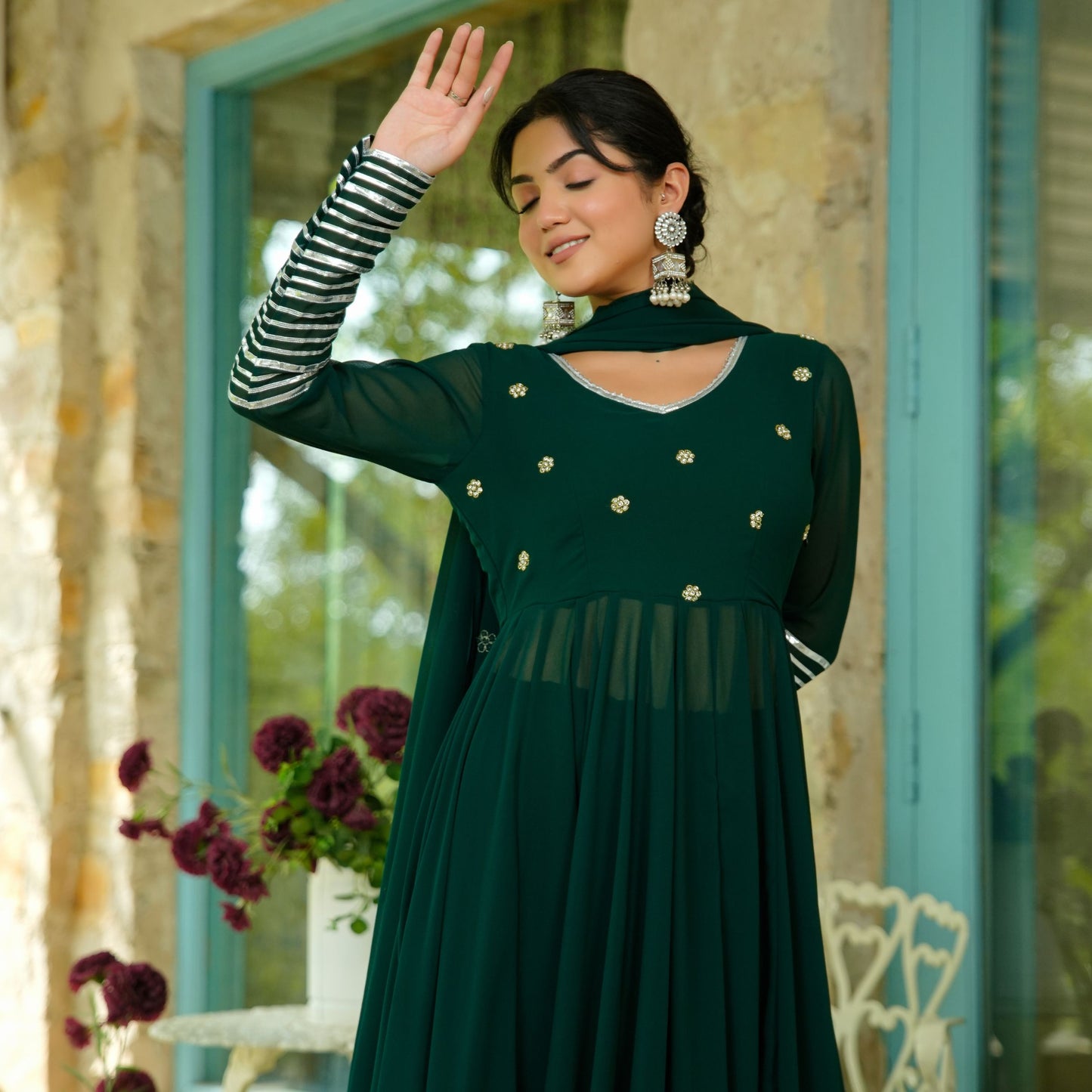 Teej Green Aari Work Anarkali Suit Set