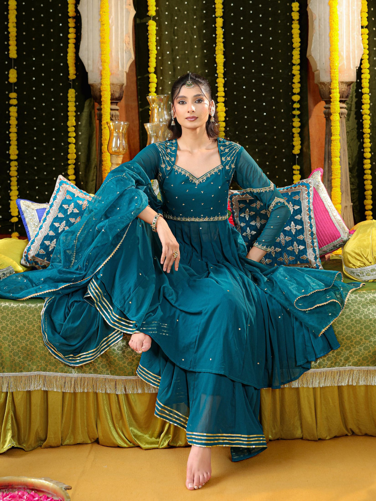 Teal Hand Embroidered Anarkali Suit Set