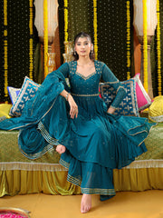 Teal Hand Embroidered Anarkali Suit Set