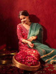 Moonlit Red Jacquard Silk Suit Set