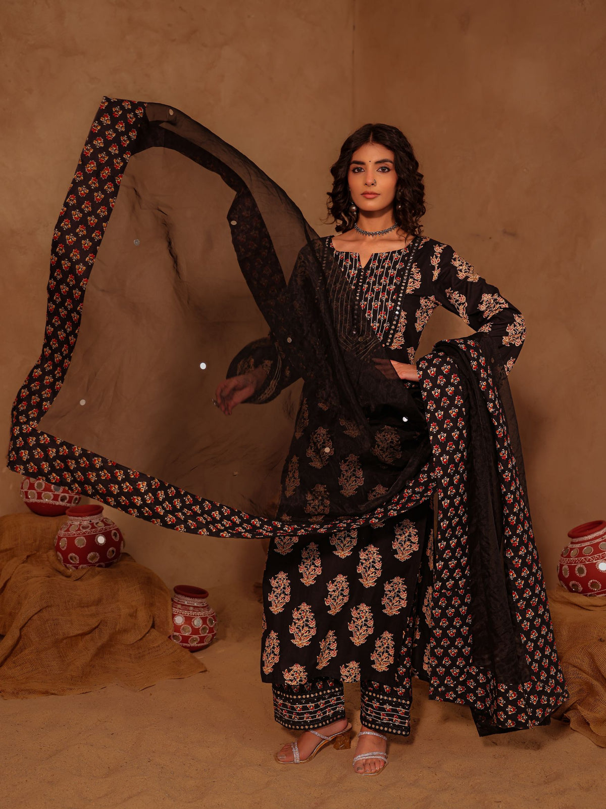 Black Mughal boota Cotton Suit Set