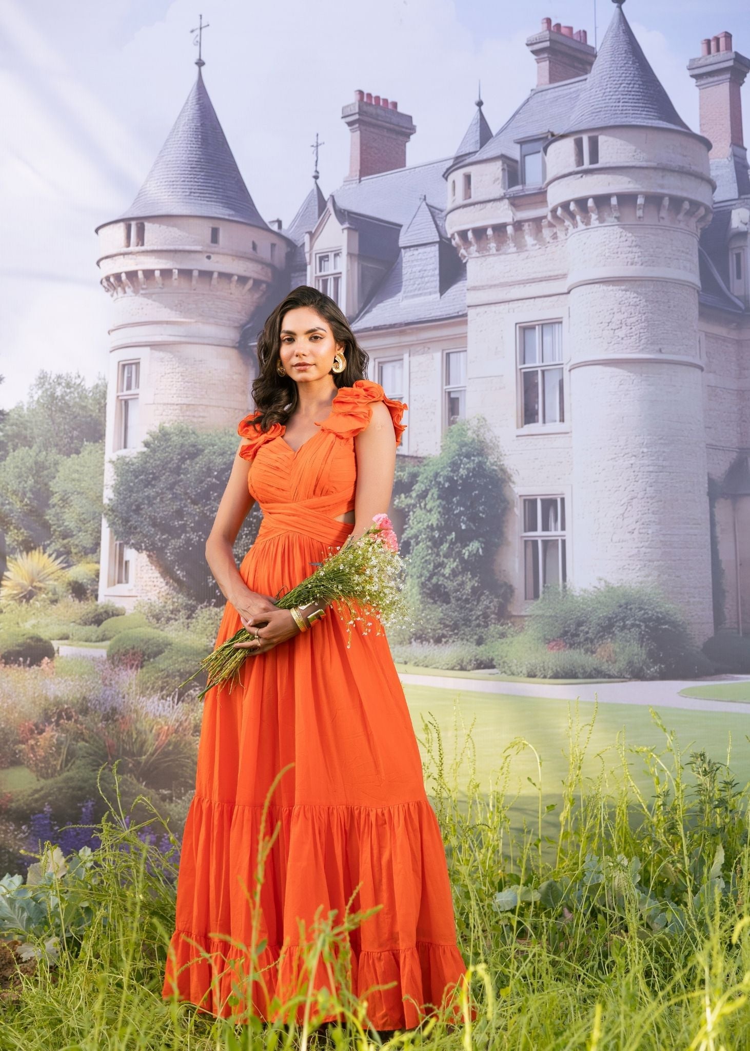 Sunset Bloom Orange Frill Shoulder Maxi Dress L Sunset Bloom Orange Frill Shoulder Maxi Dress L
