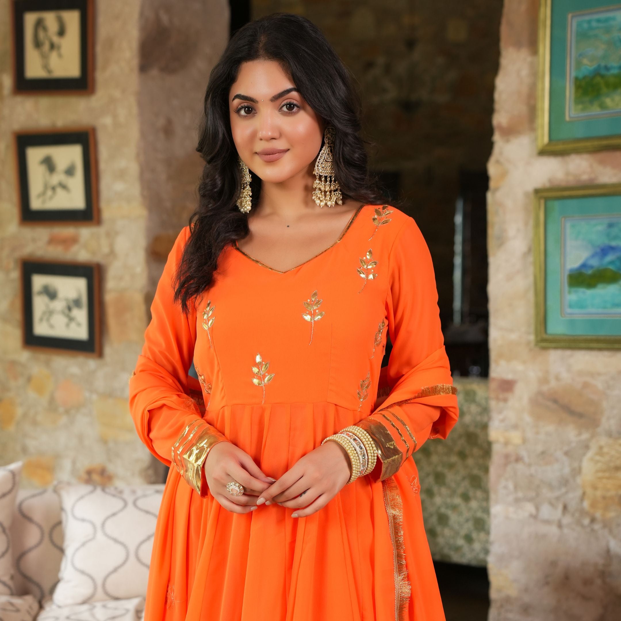 Asheera Georgette Orange Gota Hand Work Anarkali Suit Set