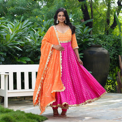 Pink Chanderi Jacquard Anarkali Suit Set