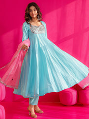Falak Sky Blue Mirror Work Anarkali Suit Set