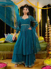 Teal Hand Embroidered Anarkali Suit Set