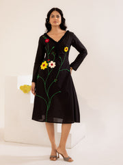 Black Floral Embroidered Cotton Midi Dress