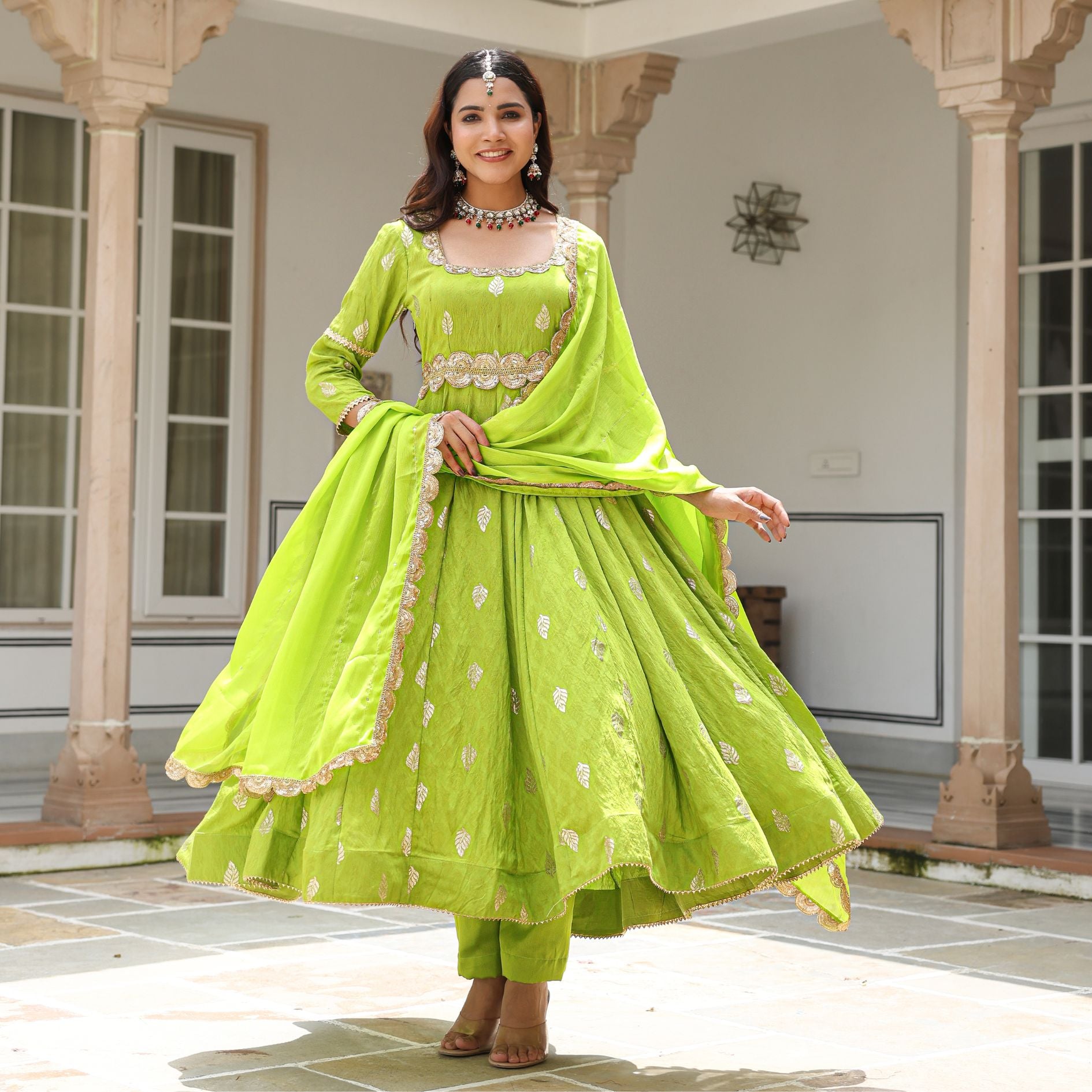 Green Chanderi Jacquard Anarkali Suit Set