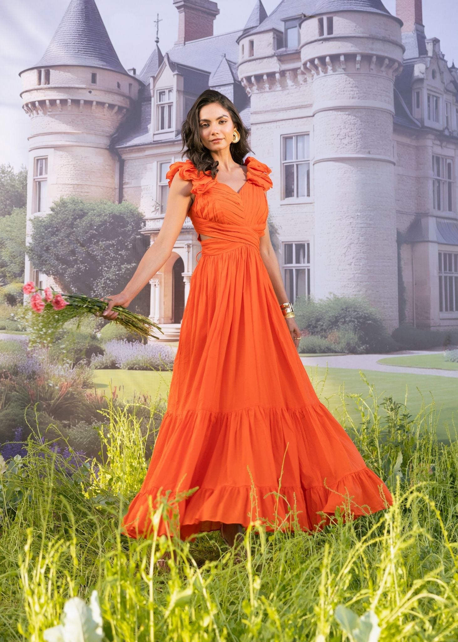 Sunset Bloom – Orange Frill Shoulder Maxi Dress L Sunset Bloom – Orange Frill Shoulder Maxi Dress L