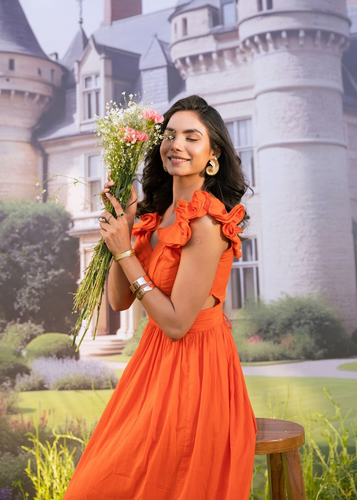 Sunset Bloom Orange Frill Shoulder Maxi Dress L Sunset Bloom Orange Frill Shoulder Maxi Dress L