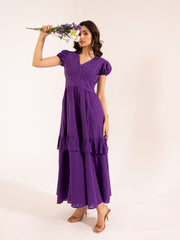 Royal Purple Pintuck Puff Sleeve Tiered Maxi Dress