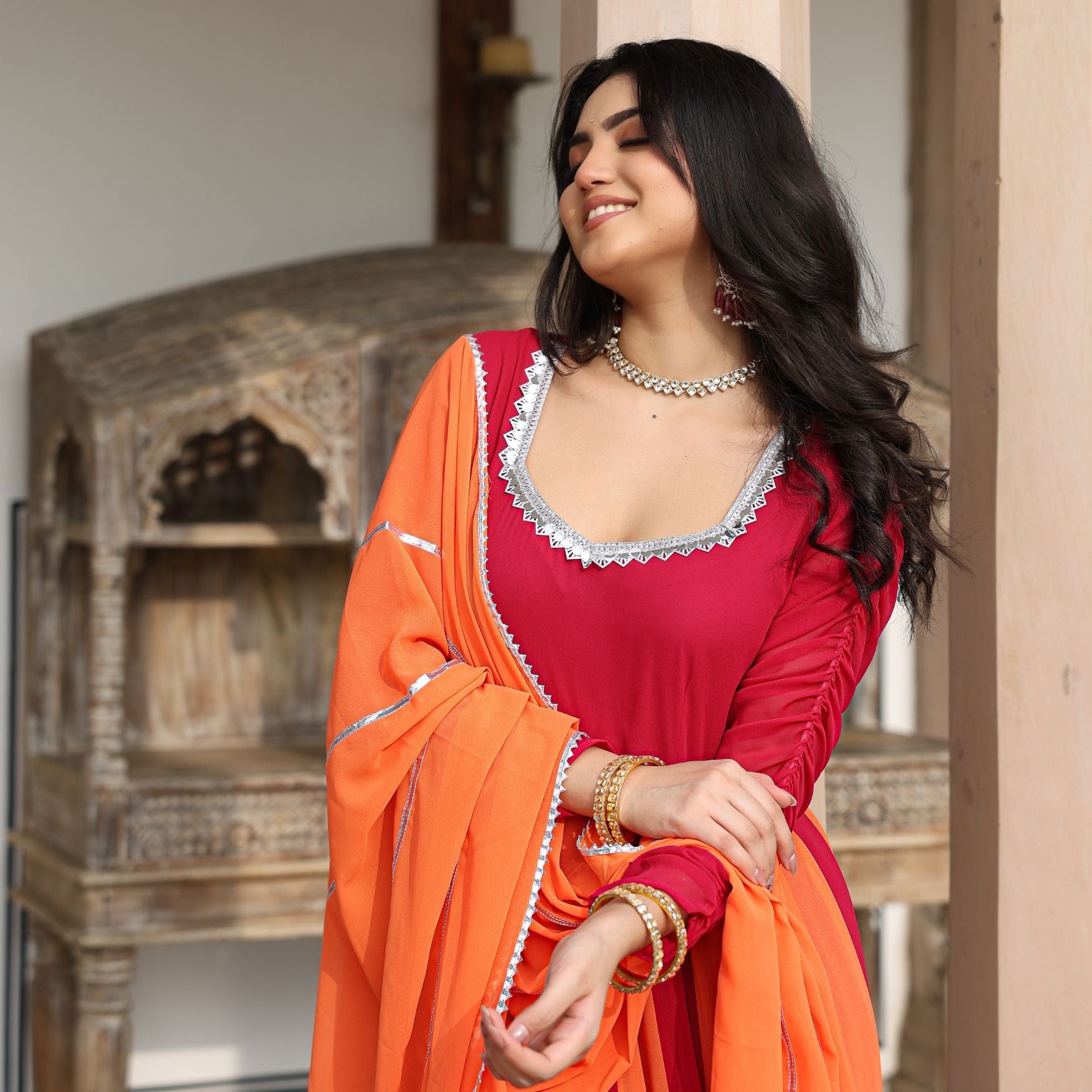 Rani Pink And Orange Georgette Anarkali Suit Set L Rani Pink And Orange Georgette Anarkali Suit Set L