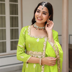 Green Chanderi Jacquard Anarkali Suit Set