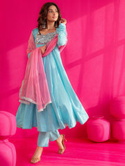 Falak Sky Blue Mirror Work Anarkali Suit Set
