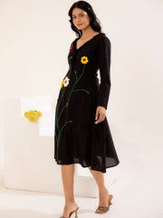 Black Floral Embroidered Cotton Midi Dress
