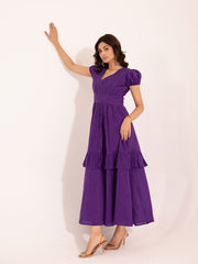 Royal Purple Pintuck Puff Sleeve Tiered Maxi Dress