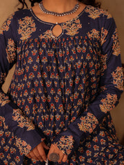 Aahana Navy Blue Floral Boota Print Cotton Anarkali Set