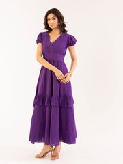 Royal Purple Pintuck Puff Sleeve Tiered Maxi Dress