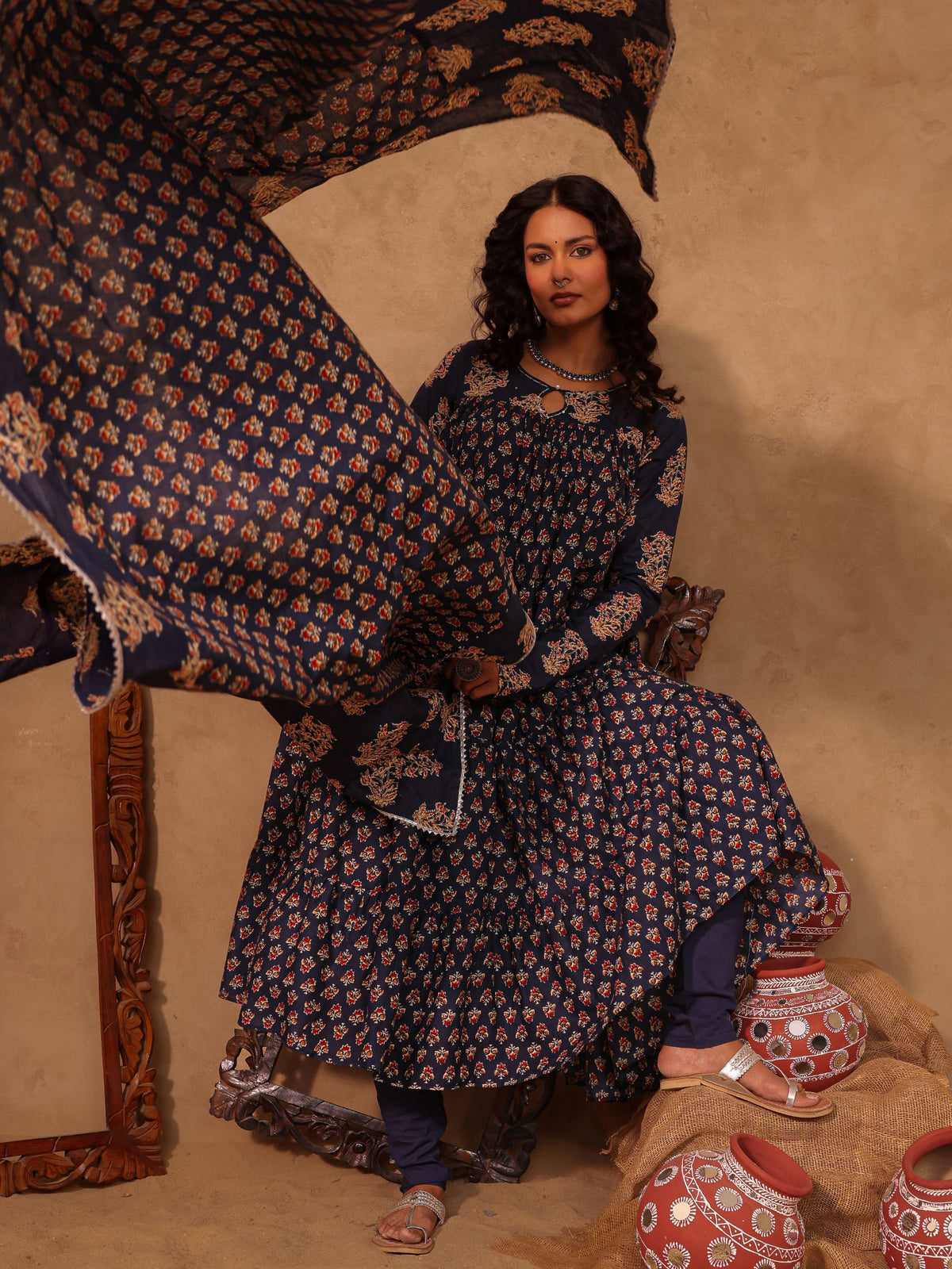 Aahana Navy Blue Floral Boota Print Cotton Anarkali Set
